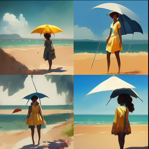 Girl on  a beach in the sun with an umbrella - MidJourney